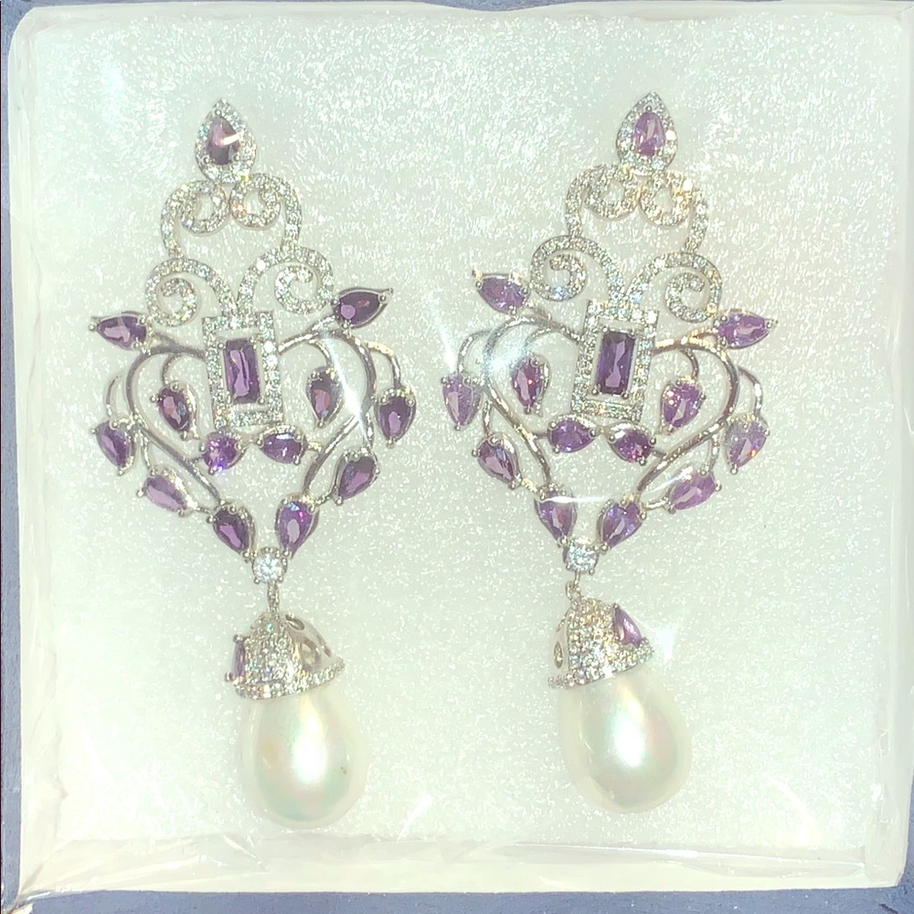 White shell pearl drop, amethyst, and white zircon drop earrings